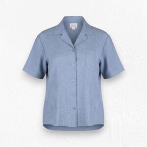 90s Vintage Blue Chambray Linen Blend Short Sleeve Button Down Shirt Size XL